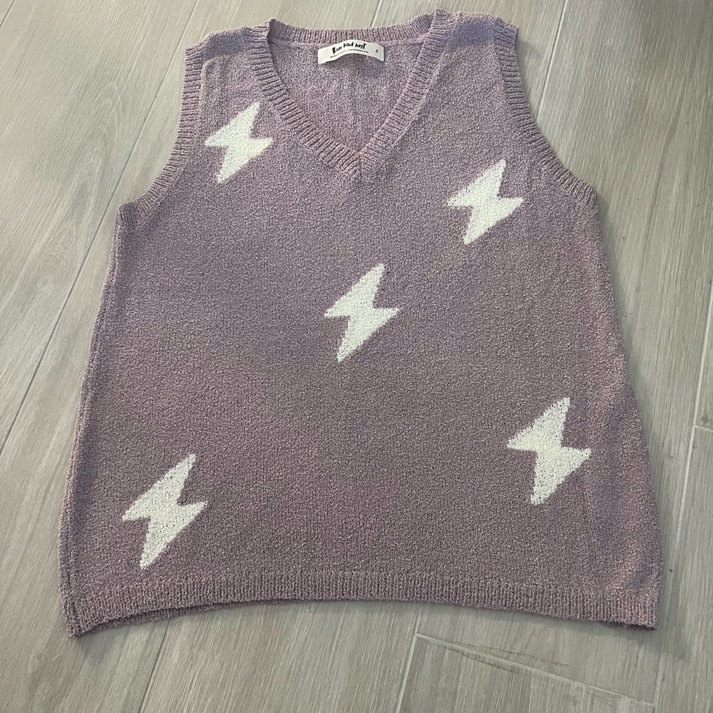 Three Bird Nest Lavender V-Neck Sweater Vest with White Lightning Bolts